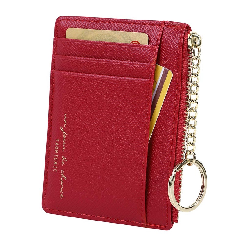 Cynure Women's 8 Cards Slim Minimalist Card Holder Coin Changes Purse Keychain Front Pocket Wallet, red - Image 1